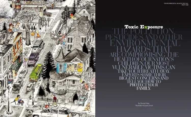 A detailed illustration of a neighborhood with houses, trees, and cars, highlighting environmental health hazards and pollution, with an overlaid message about toxic exposure and its health risks.