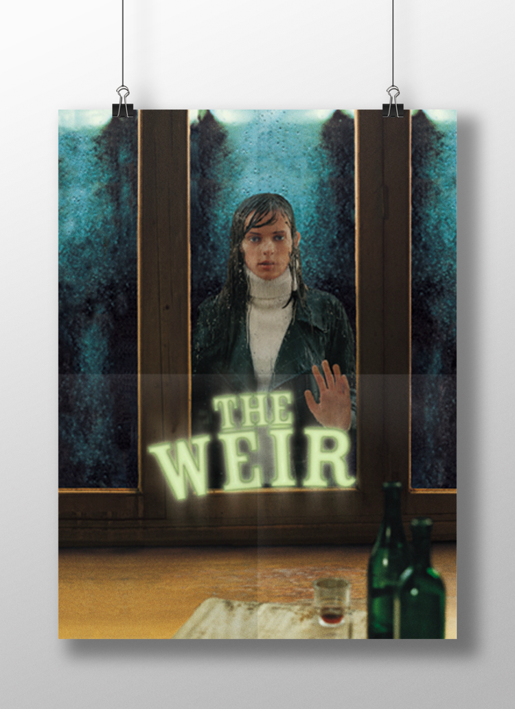 Poster of a woman with wet hair and a leather jacket looking through a window with rain, with illuminated text 'The Weird' at the bottom.