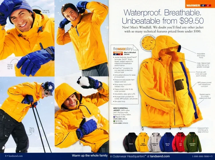 Advertisement for waterproof and breathable men's windbreaker jacket starting at $99.50. Features include insulation, adjustable hood, multiple pockets, and various color options. The image shows men wearing the yellow jacket in different winter acti