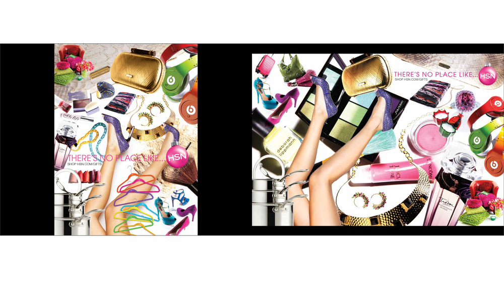A collage of fashion accessories and beauty products, overlaid with the legs of a woman wearing blue high heels with purple accents, and the text 'There’s no place like...' and 'shop HSN.com/gifts'.