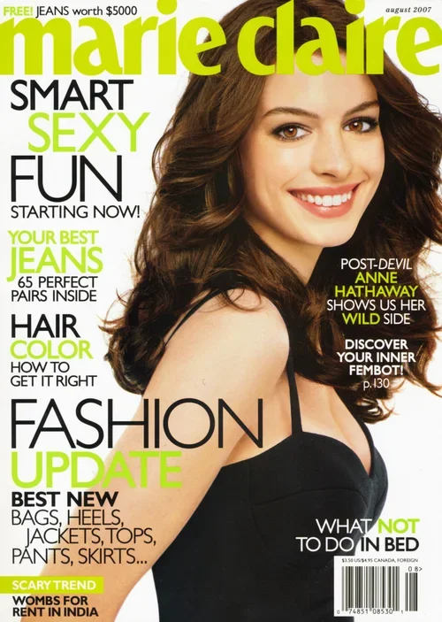 August 2007 issue of Marie Claire magazine featuring a smiling woman with wavy brown hair on the cover. The cover highlights topics like jeans, hair color, fashion updates, and features Anne Hathaway.