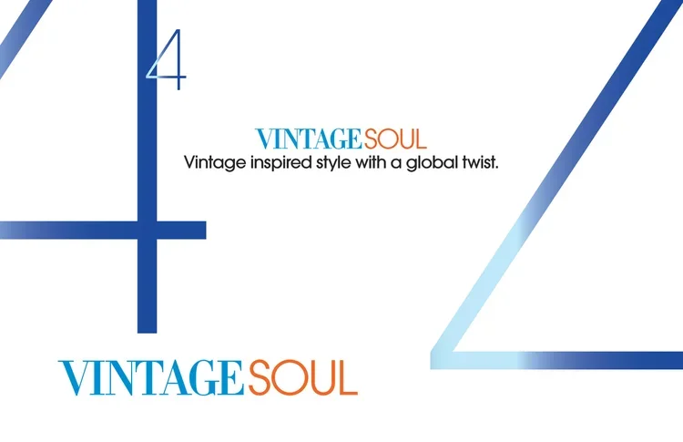 Graphic with the text 'VINTAGE SOUL' and the tagline 'Vintage inspired style with a global twist,' featuring design elements in blue and orange.