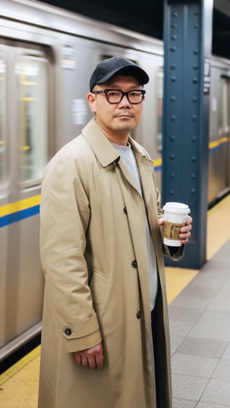 A man in a beige trench coat, black cap, and glasses holding a coffee cup at a subway station, with a subway train in the background.
