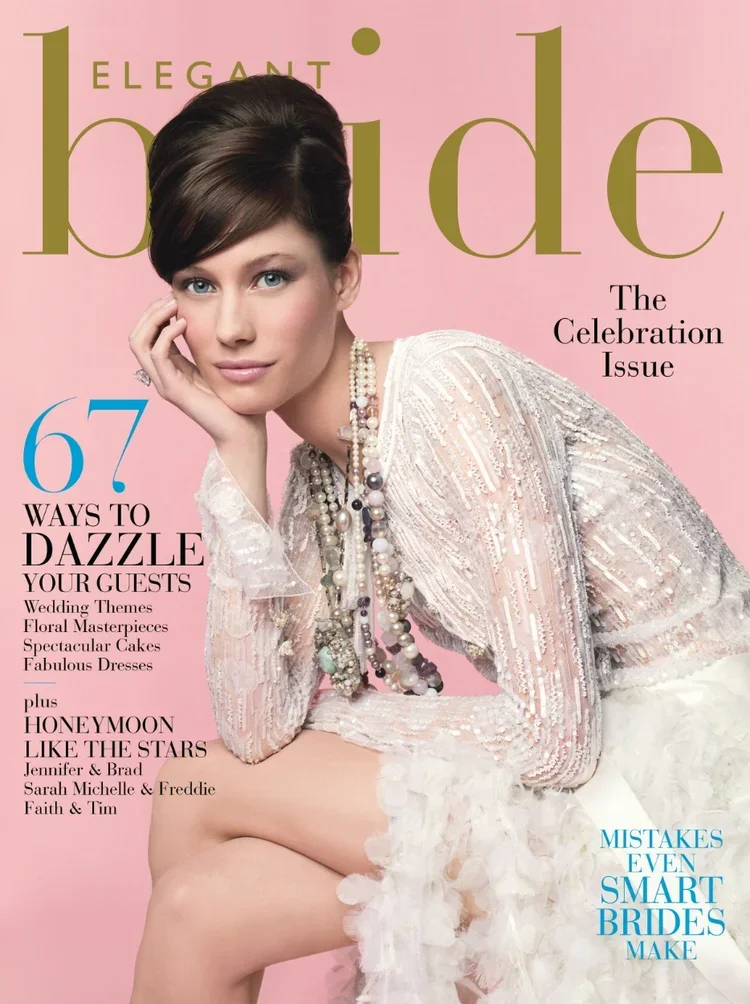 This is a magazine cover featuring a woman in a white dress with jewelry, against a pink background. The magazine is titled 'Elegant Bride' and mentions topics such as wedding themes, floral masterpieces, cakes, dresses, and honeymoon insights.