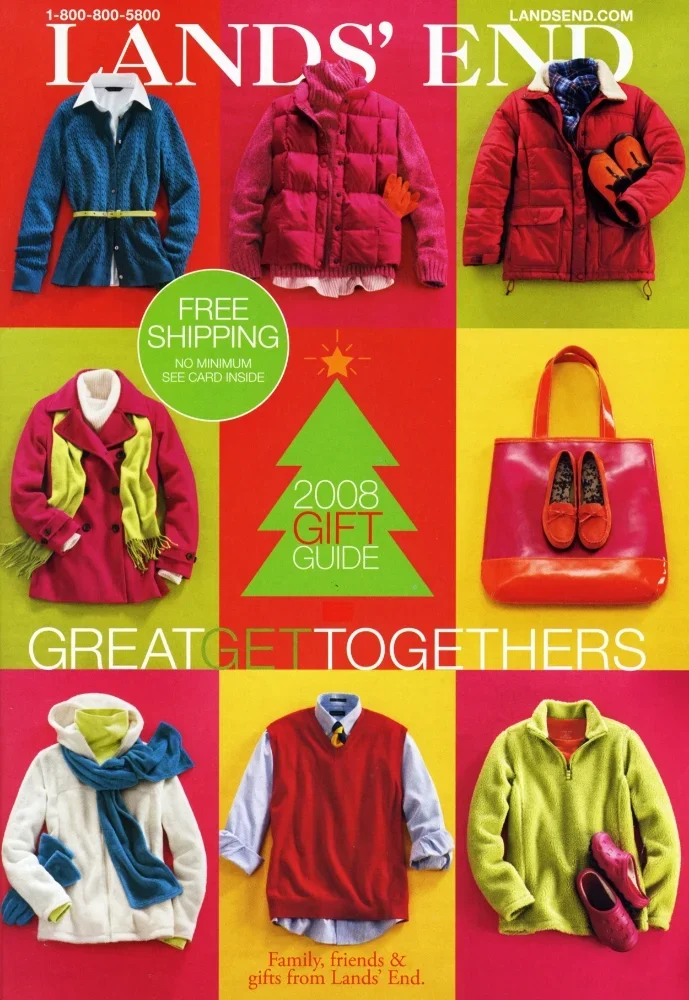 A colorful holiday catalog cover featuring kids' winter clothing and accessories, with a Christmas tree graphic and the text '2008 Gift Guide' and 'Great Get Togethers.'
