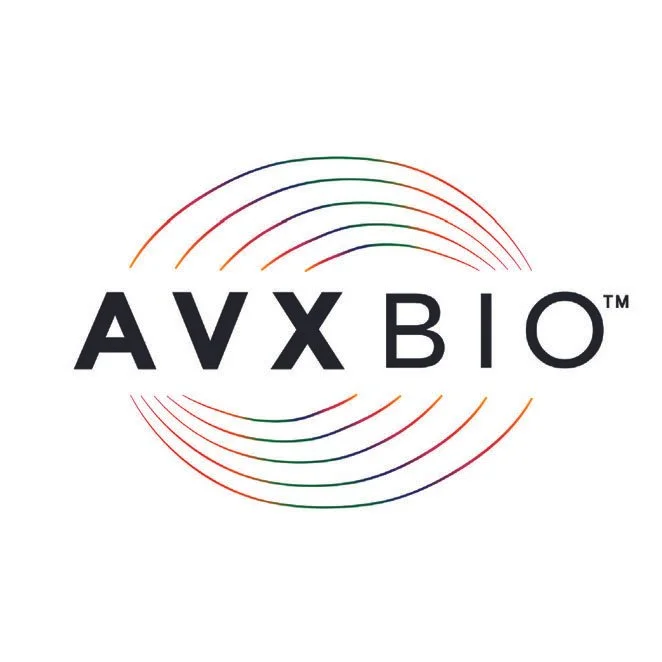 Logo with the word AVX BIO in bold black letters, surrounded by colorful curved lines forming a circular pattern.