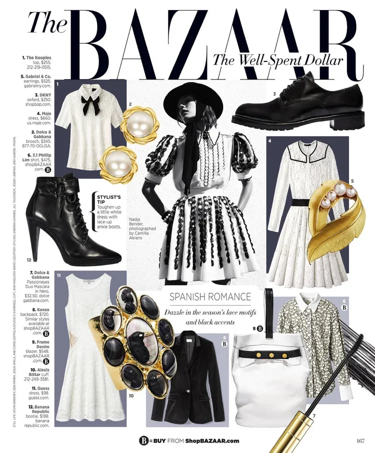 Fashion magazine page featuring clothing and accessories with a central black and white fashion photo. Items include black ankle boots, white dress with embroidery, leopard print coat, black blazer, white skirt with black belt, decorative jewelry, an