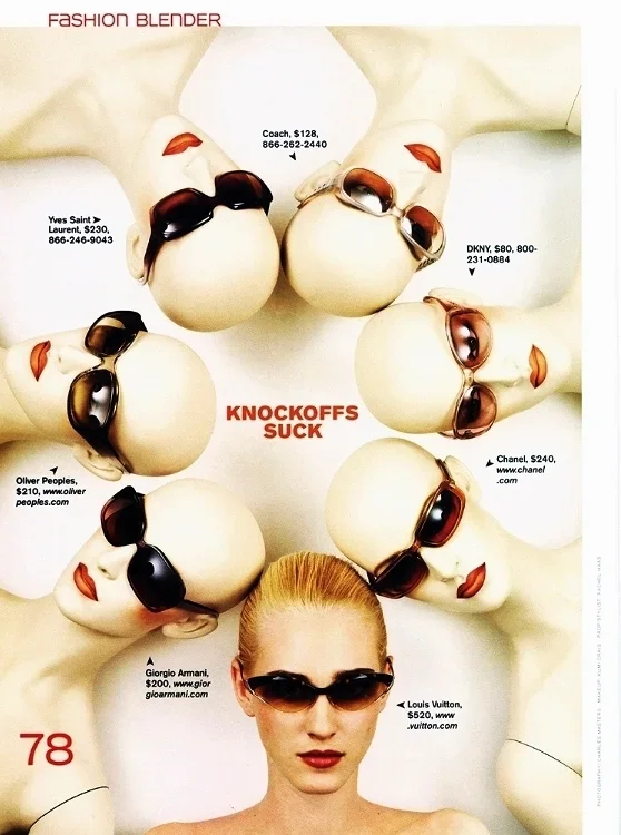 Fashion magazine advertisement titled 'Fashion Blender' showing a woman with blonde hair wearing sunglasses surrounded by mannequin heads also with sunglasses, with brand names and prices displayed.