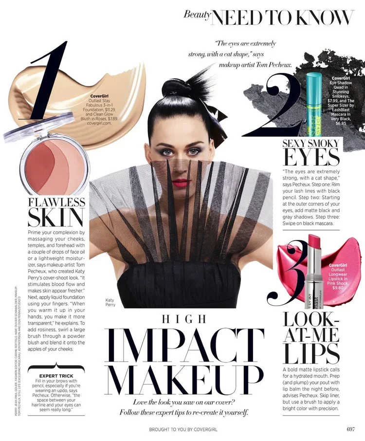 A woman with dark hair, red lipstick, and smoky eye makeup, holding a fan. The image features beauty product advertisements and tips for makeup application.