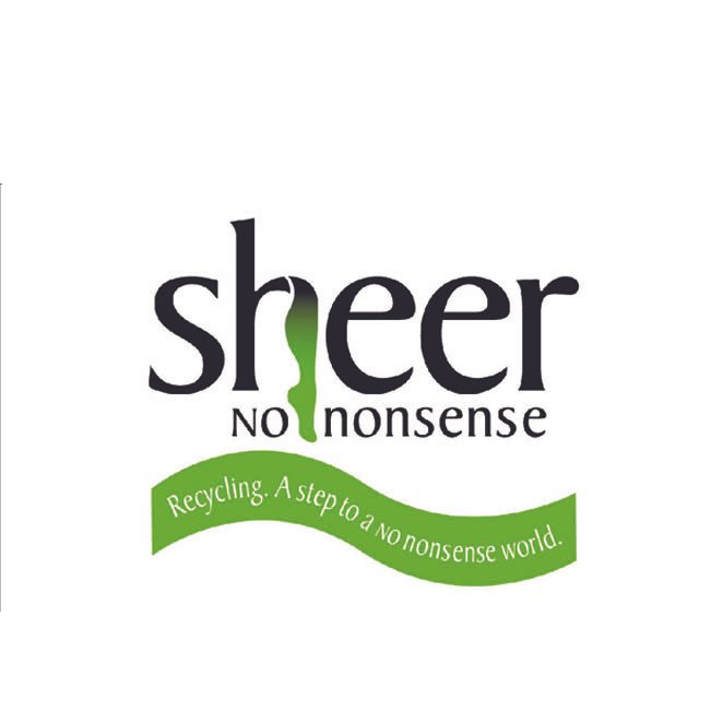 Logo with the word 'sheer' where the 'i' is replaced by a green recycling arrow, and the tagline 'NO nonsense' below, with a green ribbon reading 'Recycling. A step to a no nonsense world.'