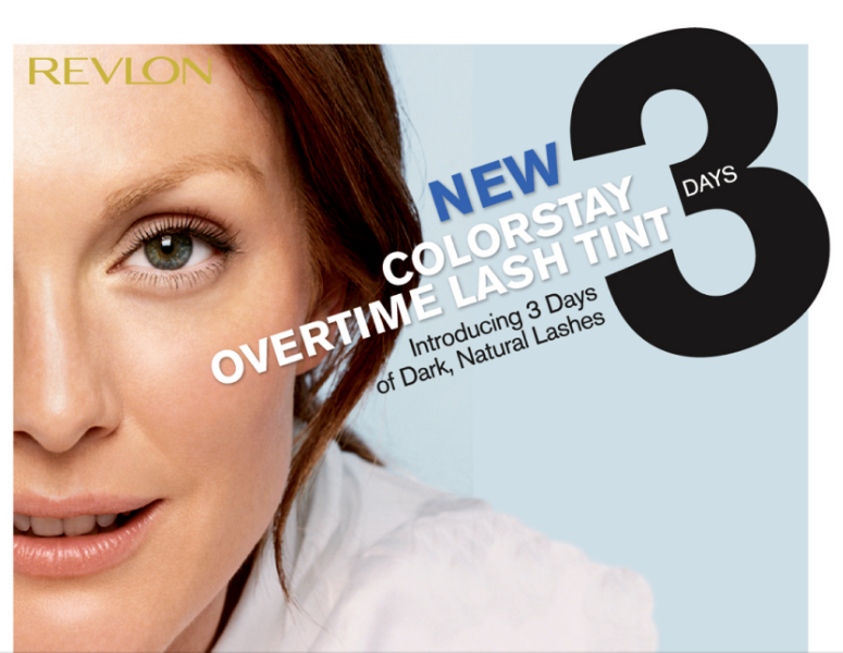 Close-up of a woman's face with brown hair and green eyes promoting Revlon's Colorstay Overtime Lash Tint, indicating 3 days of dark natural lashes.