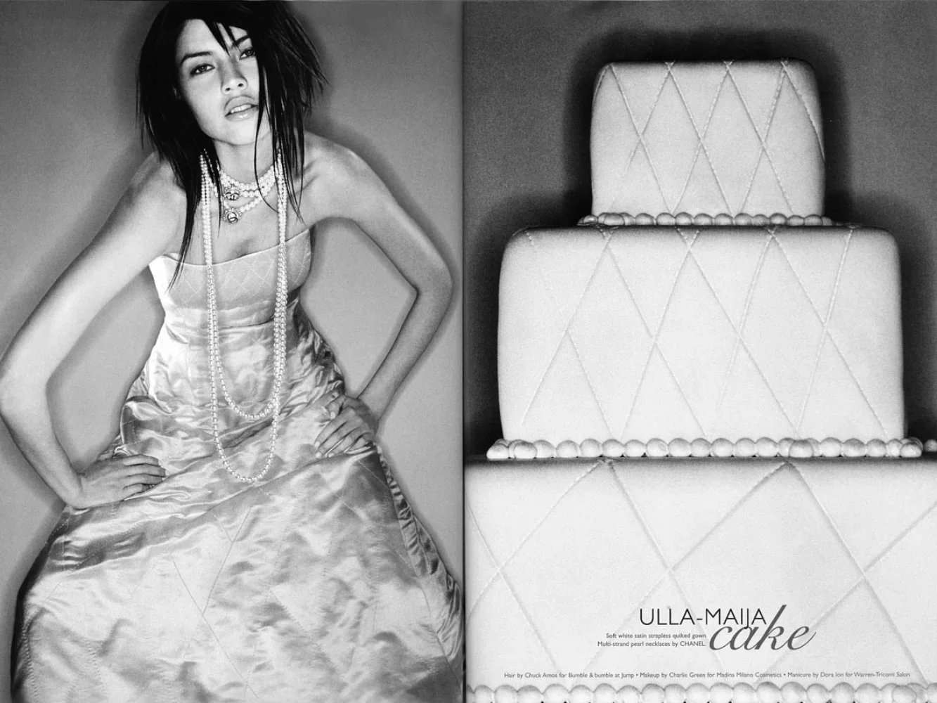 A black and white advertisement showing a woman in a satin dress with pearl necklaces on the left side, and a white quilted cake with layers and decorative pearl-like trim on the right side. The text at the bottom right reads 'ULLA-MAJA cake' with ad