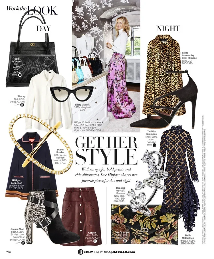 Fashion magazine page featuring bold and chic day and night outfits, including handbags, sunglasses, jewelry, skirts, and dresses with floral and animal print patterns.