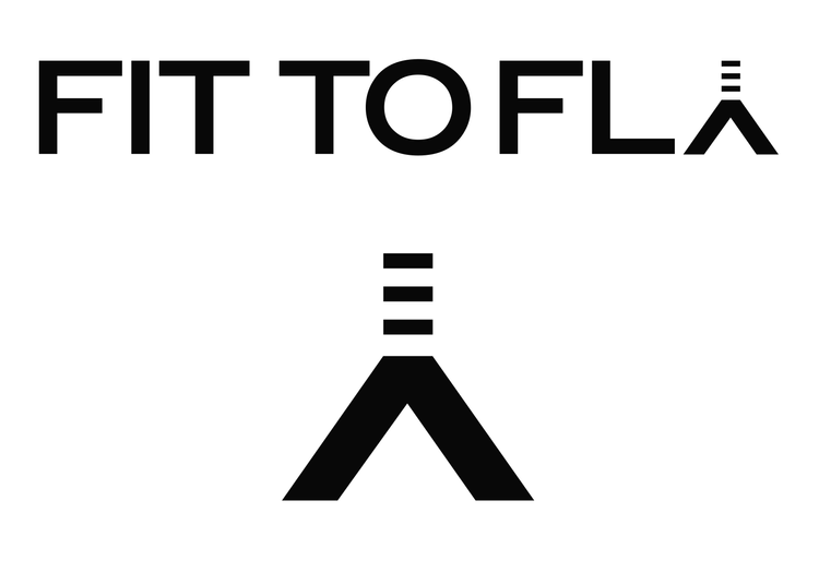 The image features the text 'FIT TO FLAT' at the top, with a geometric design resembling a flat map or an abstracted ladder below it, all in black on a white background.