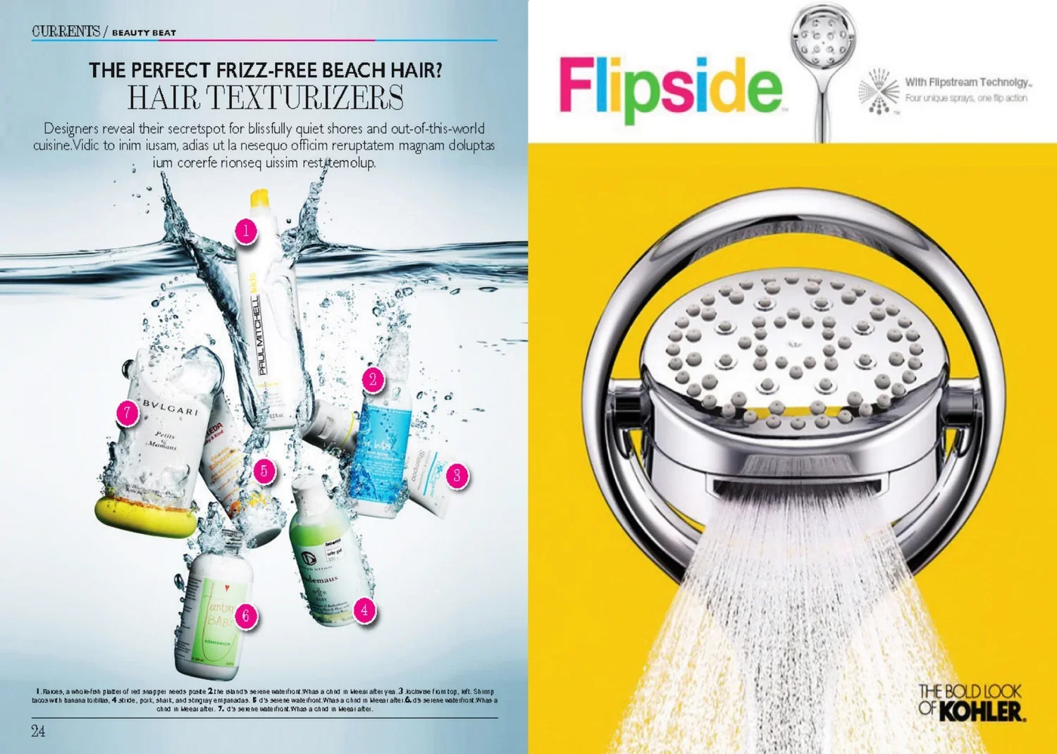 An advertisement featuring hair care products and a showerhead. The left side shows various bottles of hair products with water splashes and numbered labels. The right side displays a modern showerhead with water flowing from it, on a bright yellow b