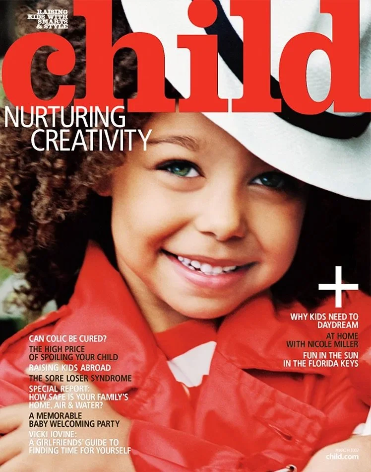 Close-up of a smiling young girl with curly hair wearing a red jacket and a white hat, on the cover of Child magazine, with various article headlines about parenting and child development.
