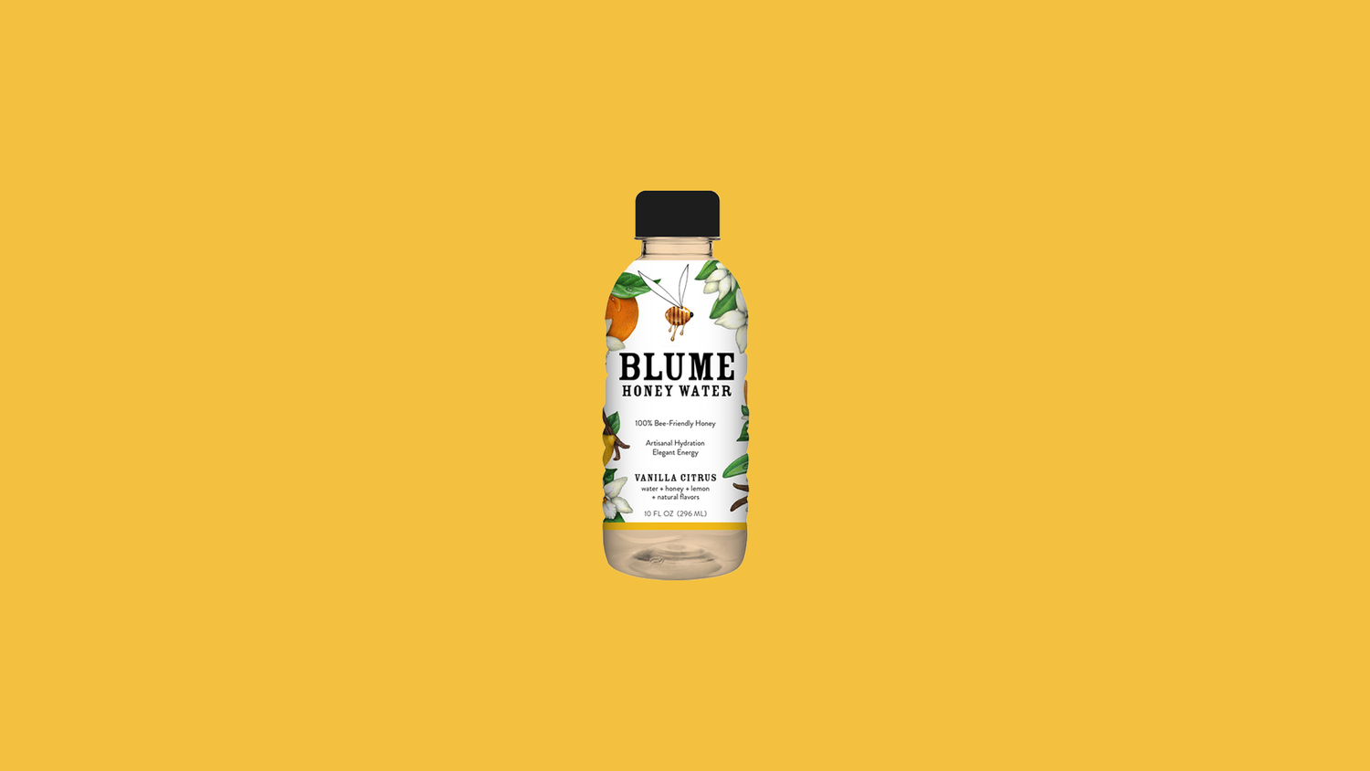 A clear bottle of Blume honey water with a black cap, labeled as vanilla citrus flavor, containing honey water, honey, and lemon on a yellow background.