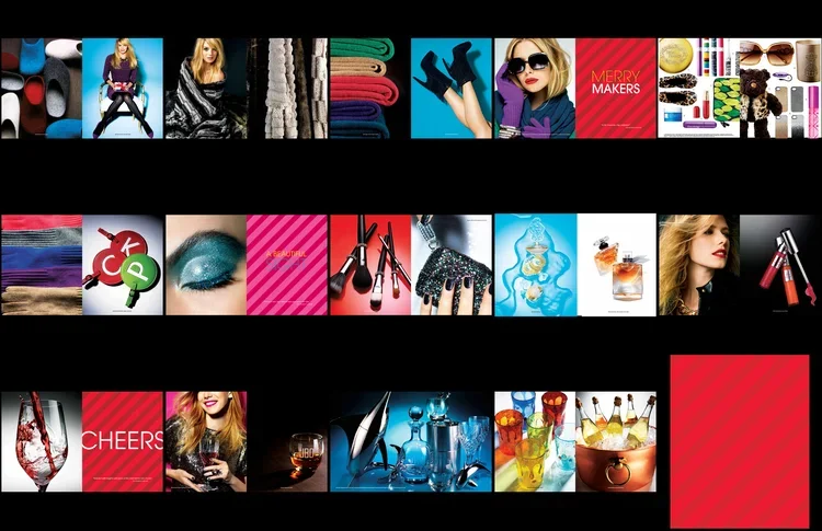 Collage of makeup, fashion, and party items including nail polish, clothes, accessories, cosmetics, drinks, and a person holding sunglasses.