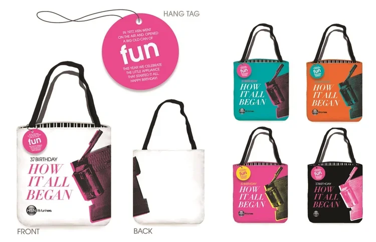 Collection of seven tote bags and a hanging tag. The tote bags have a design with a lipstick and text 'How It All Began' or '37 Birthday'. The hanging tag is pink with white text 'fun' and details about a birthday celebration.