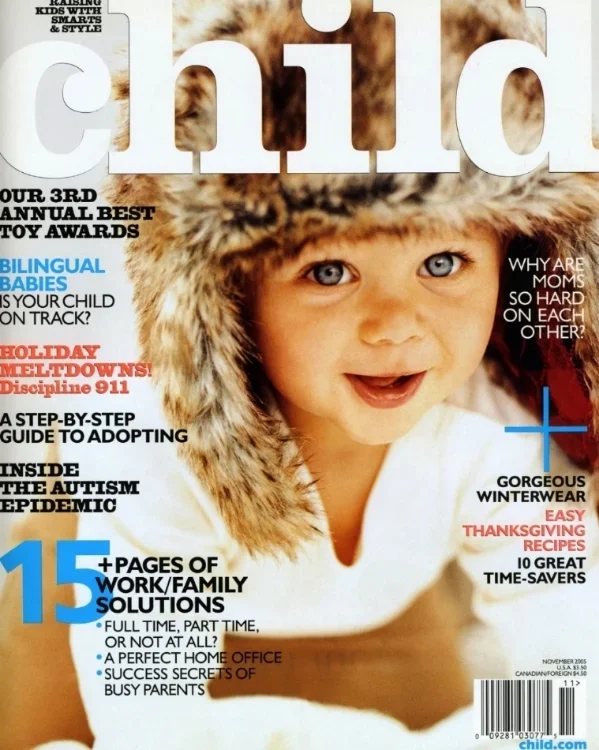 Close-up of a smiling young child wearing a fur-lined hooded hat on the cover of "Child" magazine, with various headlines about parenting and family topics around the image.