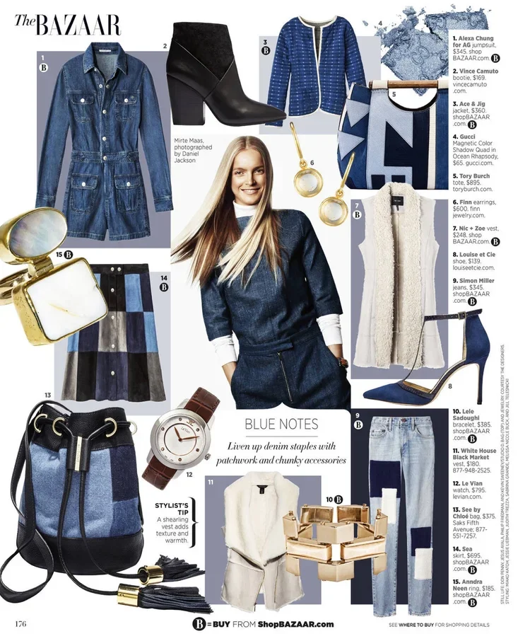 Page from The Bazaar fashion magazine featuring various denim and blue-themed clothing items and accessories, including a jean dress, boots, jackets, earrings, a bag, watch, and shoes, styled with photo credit and product prices.