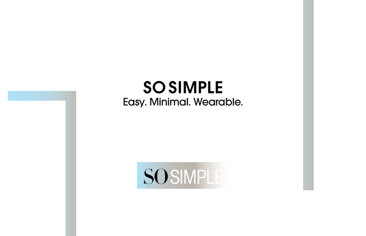 Design with the words "SO SIMPLE" and the phrase "Easy. Minimal. Wearable." on a white background with light blue and gray accents.