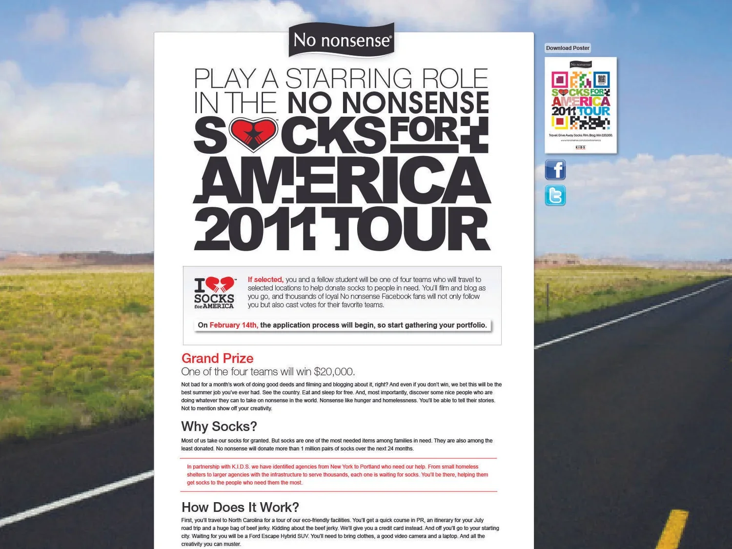 Poster for No Nonsense Socks America 2011 Tour featuring text about a sock donation charity, application details, and contact information, with social media icons and a background of open road and landscape.