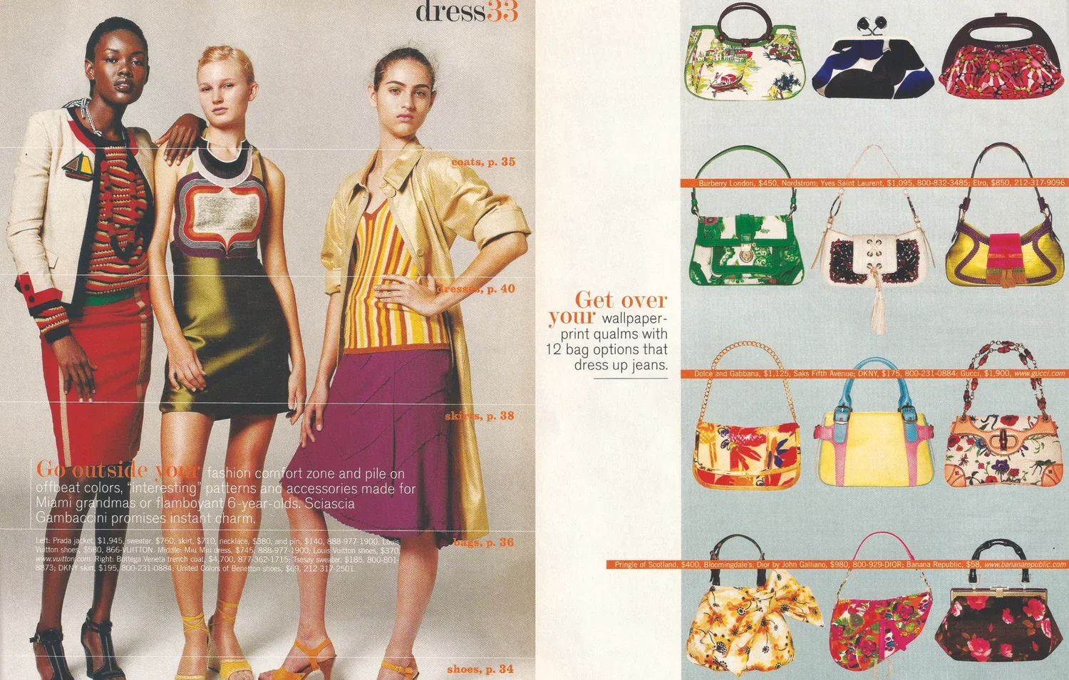 Three women modeling colorful fashion outfits and accessories in a magazine spread, with various handbags displayed on the right side.