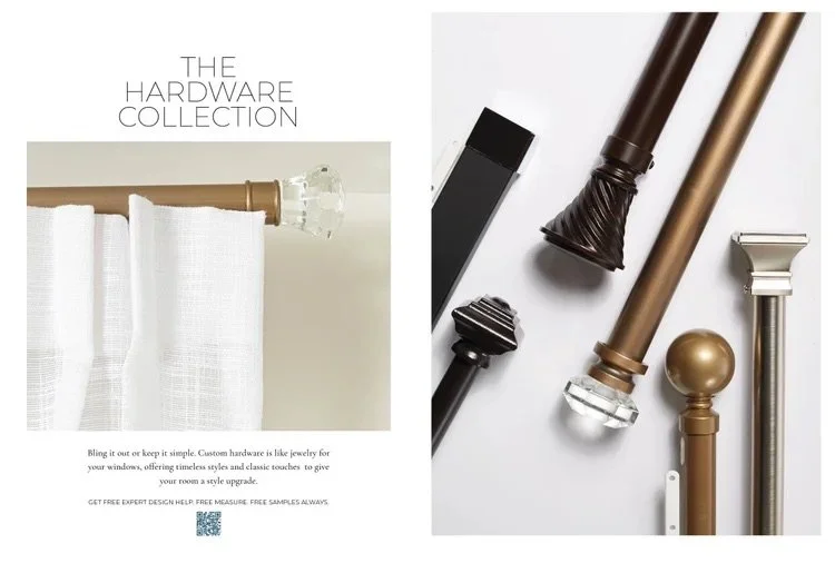 Display of bathroom hardware collection with curtain rod, curtain, and various curtain rod finials and hardware in black, gold, and chrome finishes.