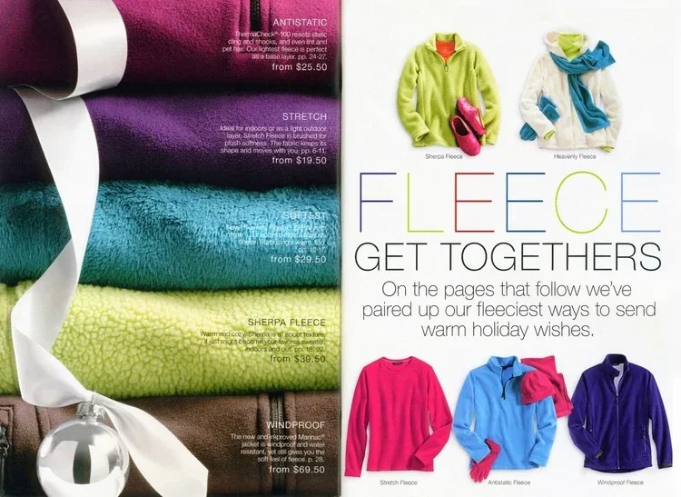 Image of fleece blankets in various colors on the left, and a flyer on the right showing fleece jackets in different colors with promotional text about fleece products and holiday wishes.