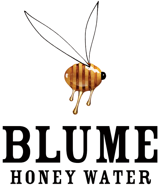 A logo featuring a cartoon bee with a honey-colored, striped body and dripping honey wings, above the text "BLUME HONEY WATER" in bold black letters.