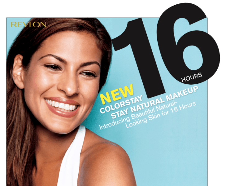 Close-up of a smiling woman with long brown hair, showcasing natural makeup, with a bright blue background and text promoting Revlon's ColorStay Stay Natural Makeup lasting 16 hours.
