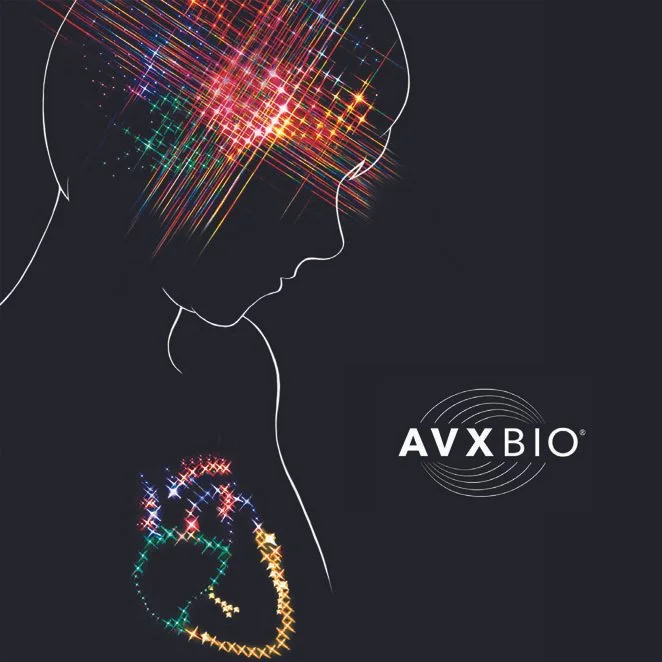 Line drawing of a woman's profile with colorful sparkling lights representing her brain and heart, alongside the AVX BIO logo on a dark background.