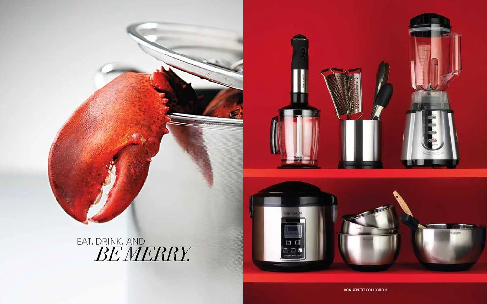 Split image with cooked lobster on the left and a collection of kitchen appliances and utensils on the right, including a blender, food processor, and mixing bowls on red background.