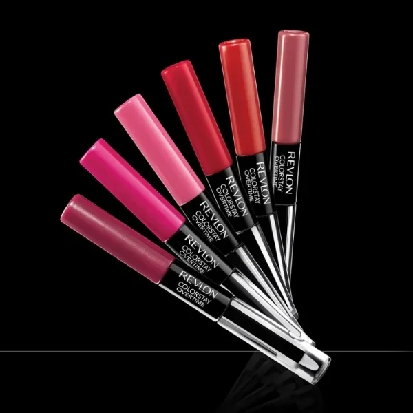 Six Revlon ColorStay Liquid Matte Lipsticks displayed in a fan shape against a black background.
