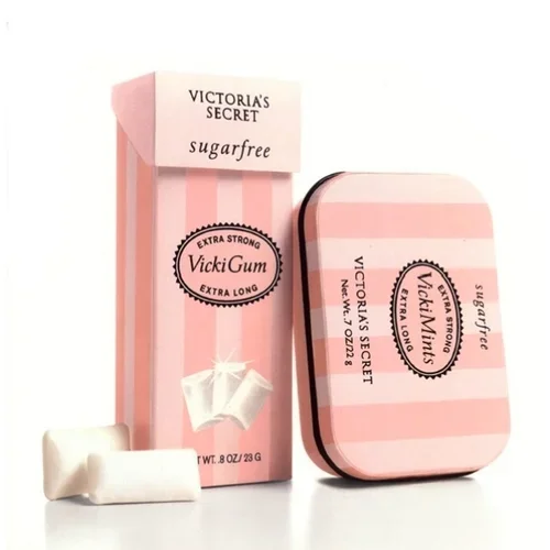 Victoria's Secret sugarfree VickiGum chewing gum box with two pieces of gum in front