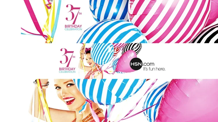 Colorful balloons with pink, blue, black, and striped patterns and a smiling woman at a 37th birthday celebration, featuring the HSN logo and slogan.