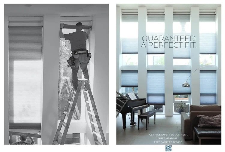 Split image: left shows a worker on a ladder installing window blinds; right shows a modern living room with large windows, a grand piano, a sofa, and the text "Guaranteed a perfect fit."