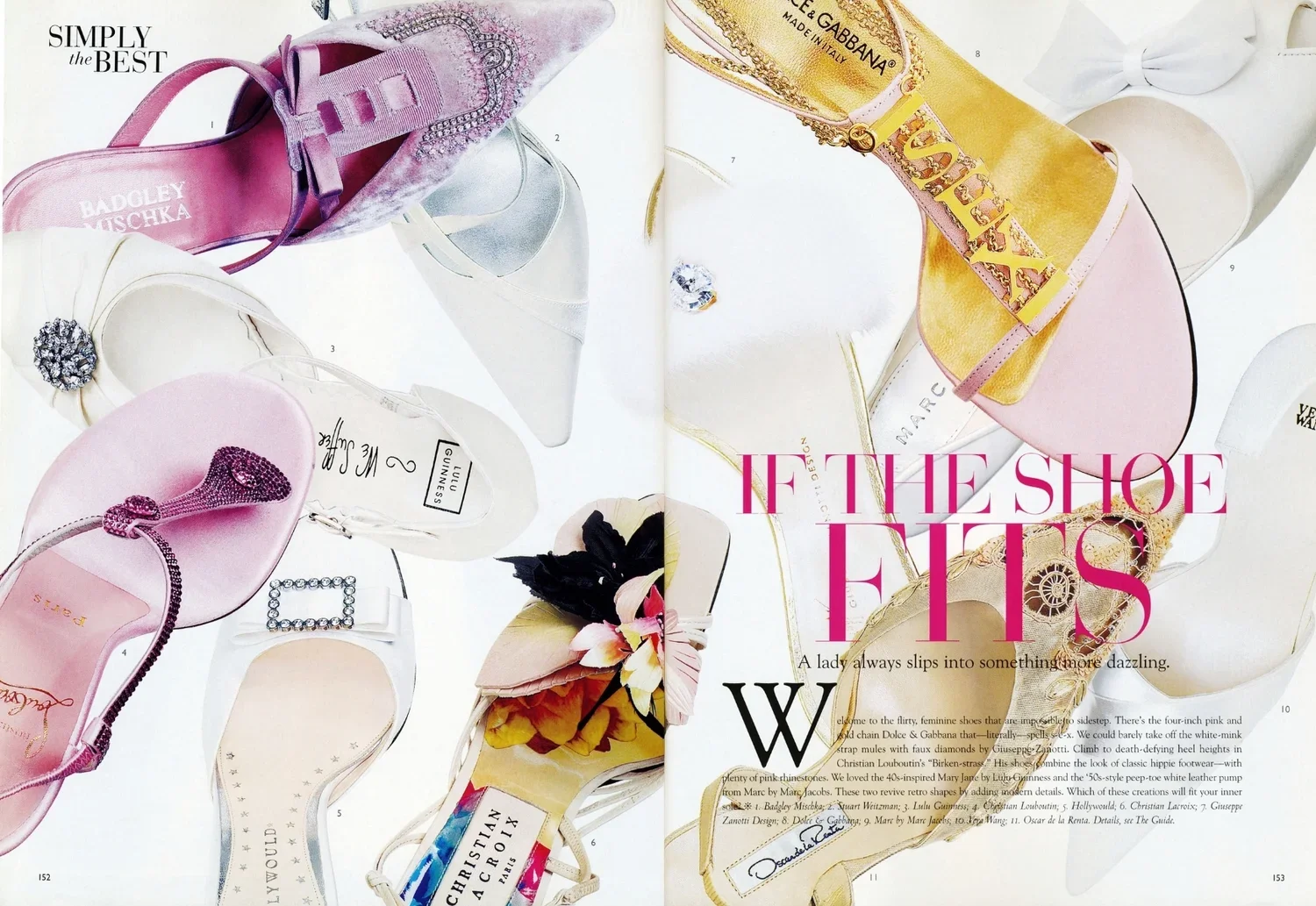 Open magazine spread showcasing various women's high-heeled shoes in pink, white, and gold, with some embellished with rhinestones, bows, and decorative details. The text reads 'IF THE SHOE FITS' and describes elegant, feminine footwear.