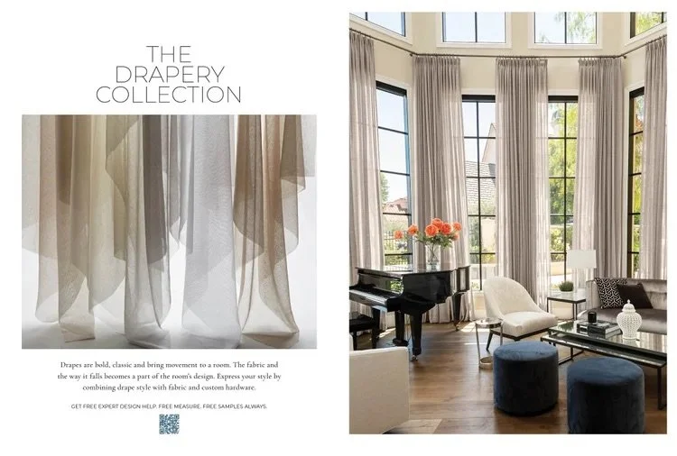 Page from The Drapery Collection catalog featuring fabric swatches and a living room with large windows, curtains, a piano, and modern furniture.