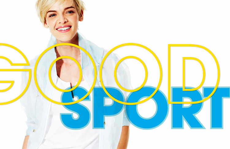 A woman with short blonde hair smiling, overlaid with the words "GOLD SPORT" in yellow and blue text.