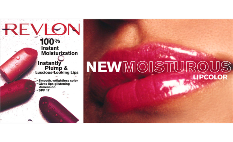 Revlon lip gloss advertisement featuring a close-up of glossy pink lips and images of lip gloss tubes, highlighting moisturizing and plumping benefits with SPF 17.