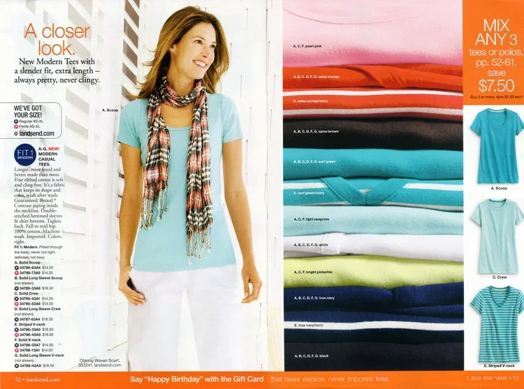 An advertisement showcasing a woman in a light blue T-shirt and white pants, with a colorful scarf. To the right, a display of various folded T-shirts in different colors and styles. The background is white with orange accents, featuring promotional 