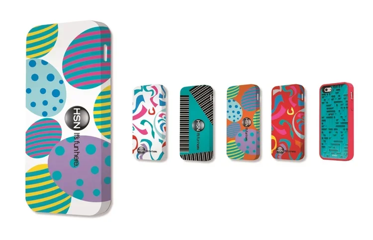 Collection of six smartphone cases with colorful abstract and pattern designs.