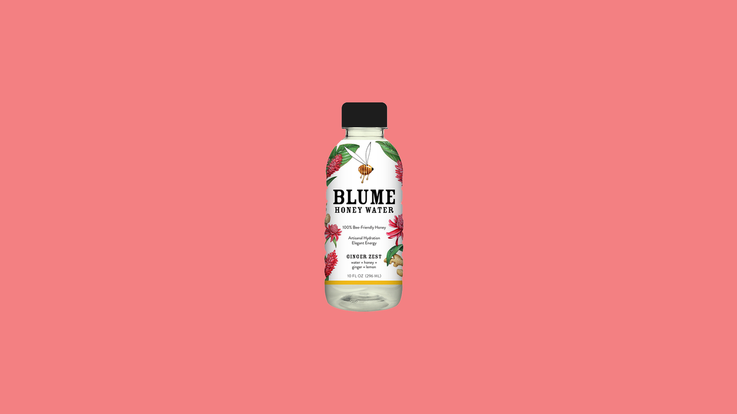 A bottle of Blume honey water with a white label decorated with pink flowers, green leaves, a bee illustration, and text indicating it contains ginger zest, honey, lemon, and ginger, on a pink background.