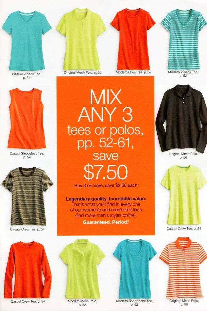 A collection of twelve different colorful t-shirts and polos arranged around an orange advertisement. The shirts include V-necks, crew necks, sleeveless, striped, and solid colors, all labeled with style names and page numbers.