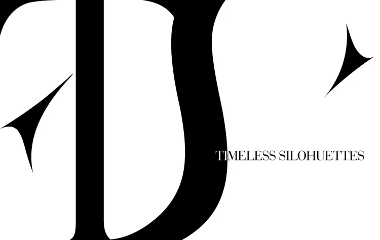 Black artistic shapes and lines resembling a stylized face with the words "Timeless Silhouettes" in black text.