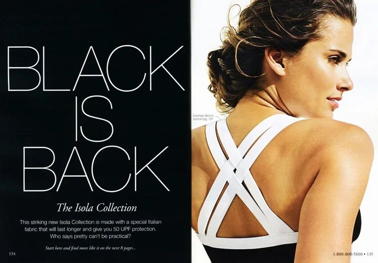 Advertisement for the Isola Collection featuring a woman wearing a white strappy top, with bold white text on a black background that says 'Black is Back'.
