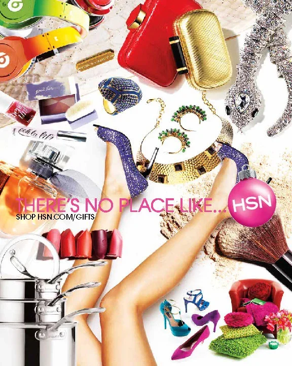 Fashion jewelry, accessories, makeup, and shoes arranged around crossed legs on a white background.
