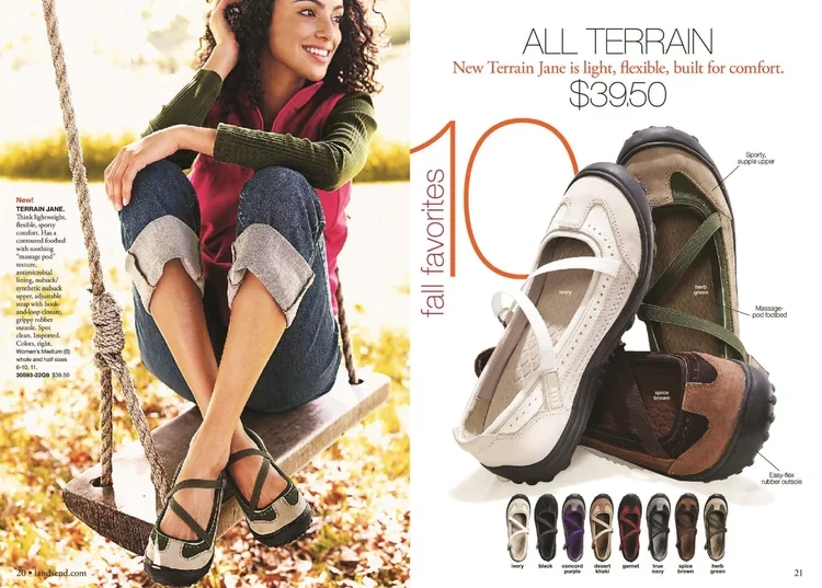 An open magazine spread featuring a woman sitting on a swing outdoors on the left page, and a collection of outdoor shoes on the right page. The woman has curly hair, is smiling, and wears a pink vest with a green sweater, jeans, and sandals. The rig